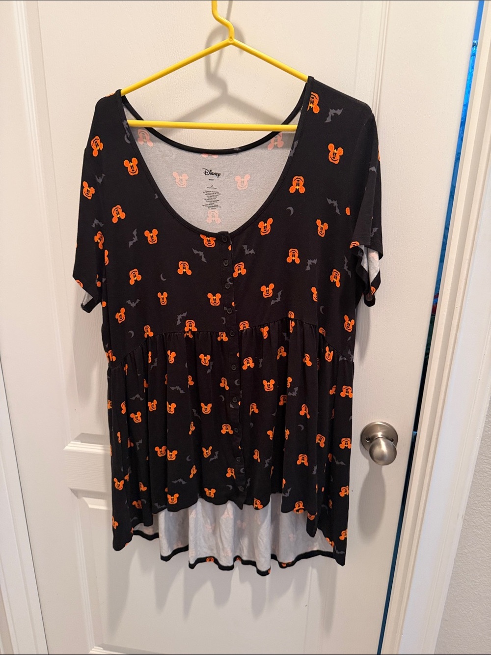 Disney Women's Black Top with Orange Mickey Print Peplum baby doll style